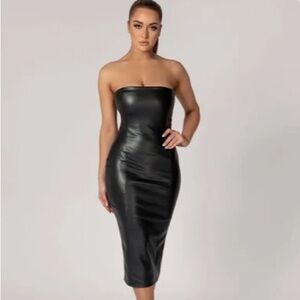 Black Strapless Faux Leather Midi Dress